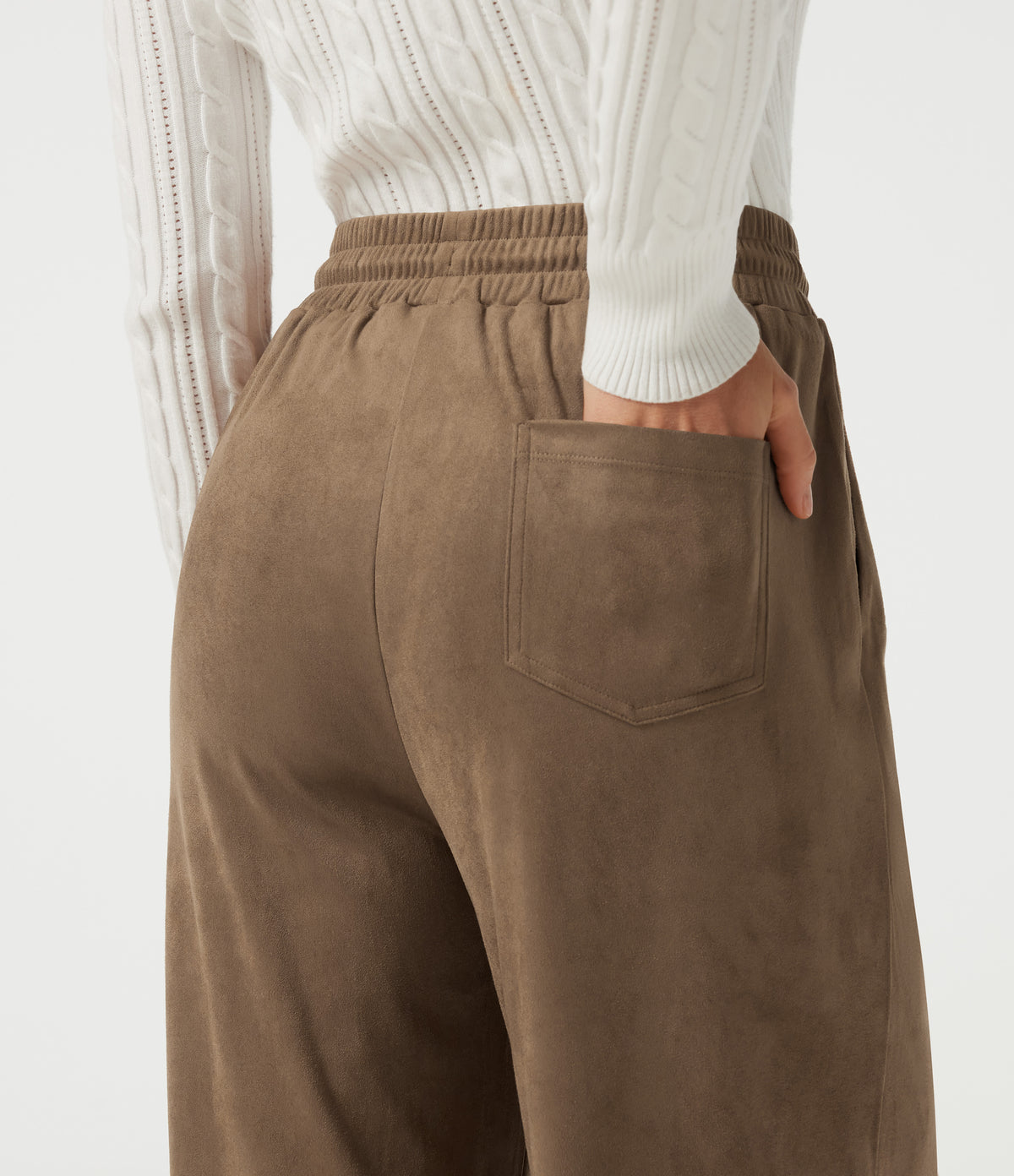 High Waisted Drawstring Wide Leg Suede Casual Trousers with Pockets — Coca Mocha — view 4