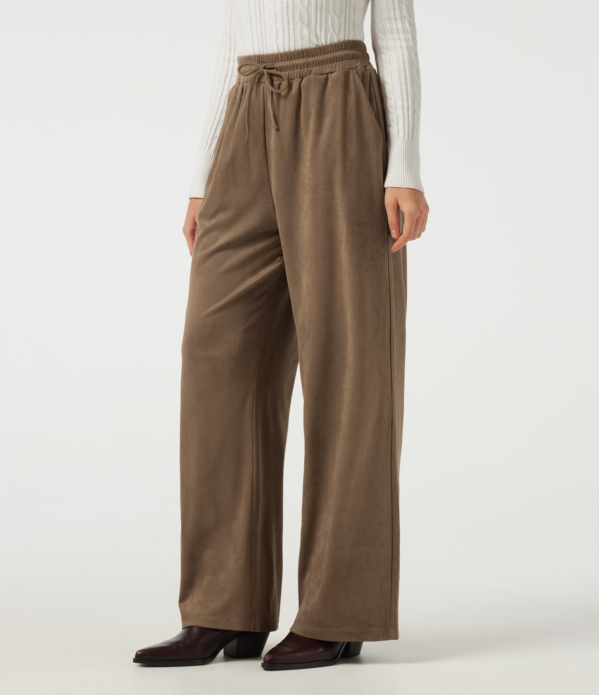 High Waisted Drawstring Wide Leg Suede Casual Trousers with Pockets — Coca Mocha — view 3