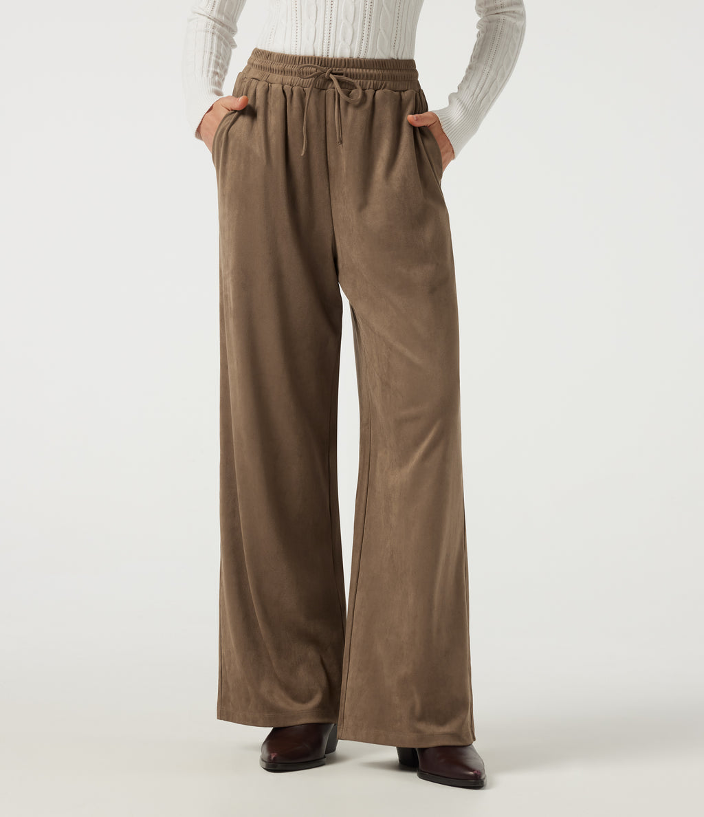 High Waisted Drawstring Wide Leg Suede Casual Trousers with Pockets — Coca Mocha — view 1