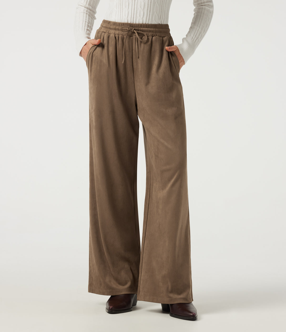 High Waisted Drawstring Wide Leg Suede Casual Trousers with Pockets — Coca Mocha — view 1