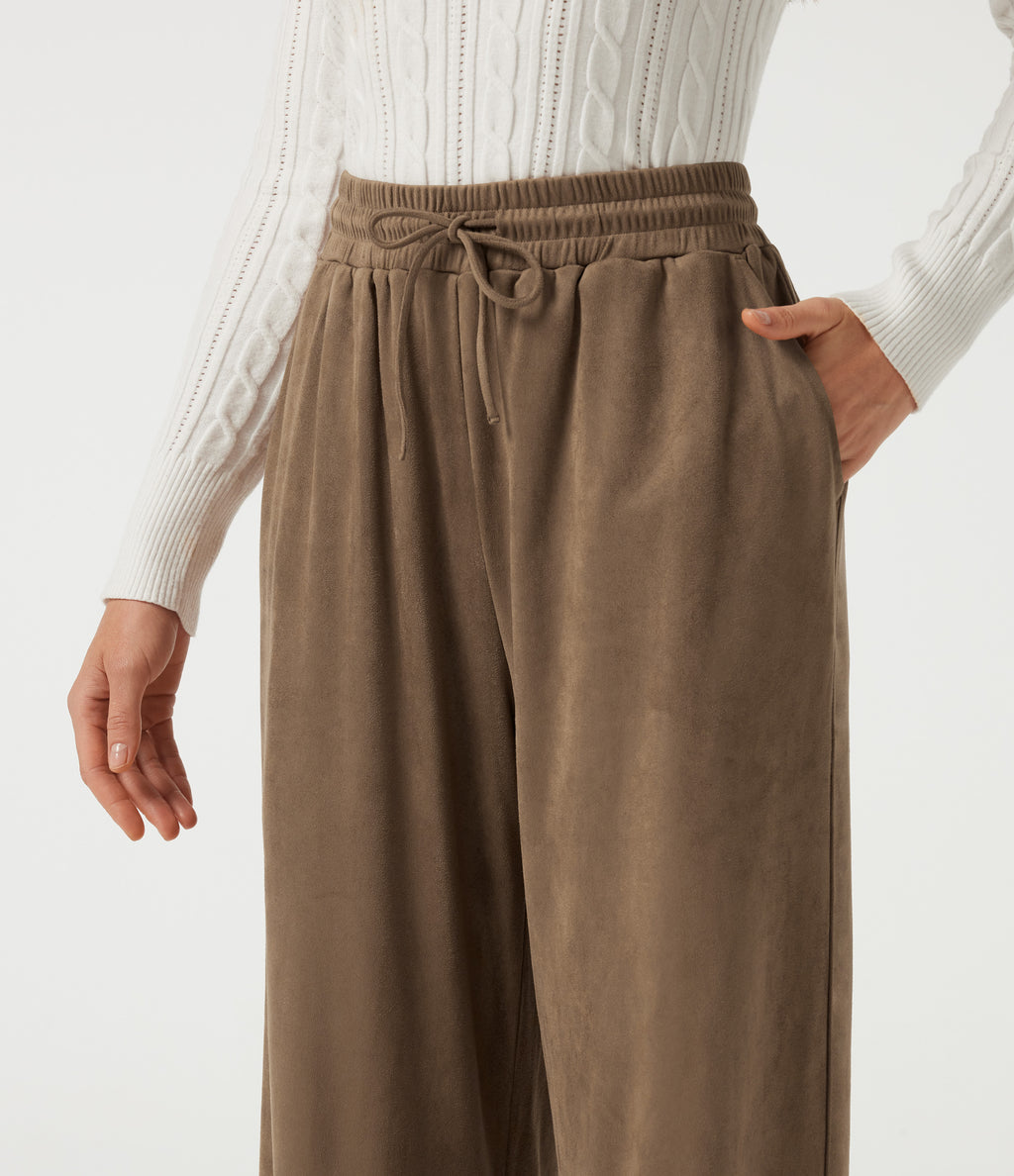 High Waisted Drawstring Wide Leg Suede Casual Trousers with Pockets — Coca Mocha — view 5
