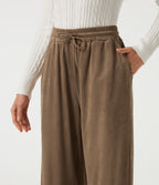 High Waisted Drawstring Wide Leg Suede Casual Trousers with Pockets — Coca Mocha — view 5