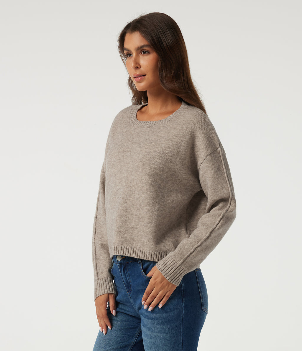 Round Neck Dropped Shoulder Long Sleeve Casual Jumper — Simply Taupe — view 3