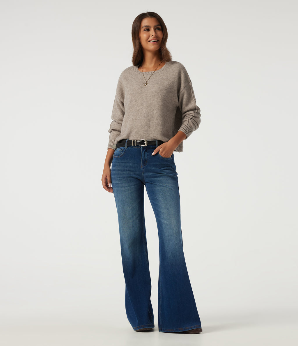 Round Neck Dropped Shoulder Long Sleeve Casual Jumper — Simply Taupe — view 7