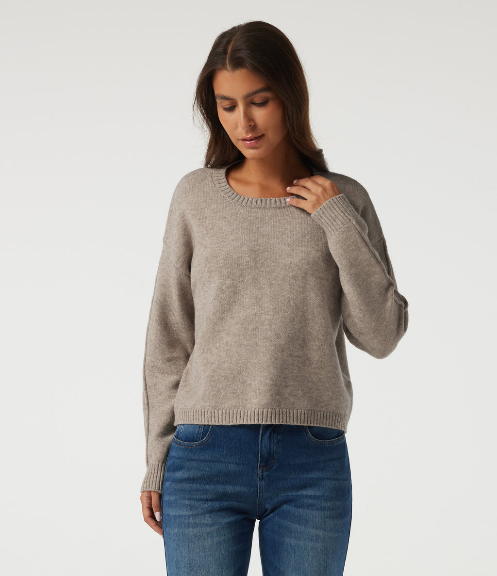 Round Neck Dropped Shoulder Long Sleeve Casual Jumper — Simply Taupe — view 4