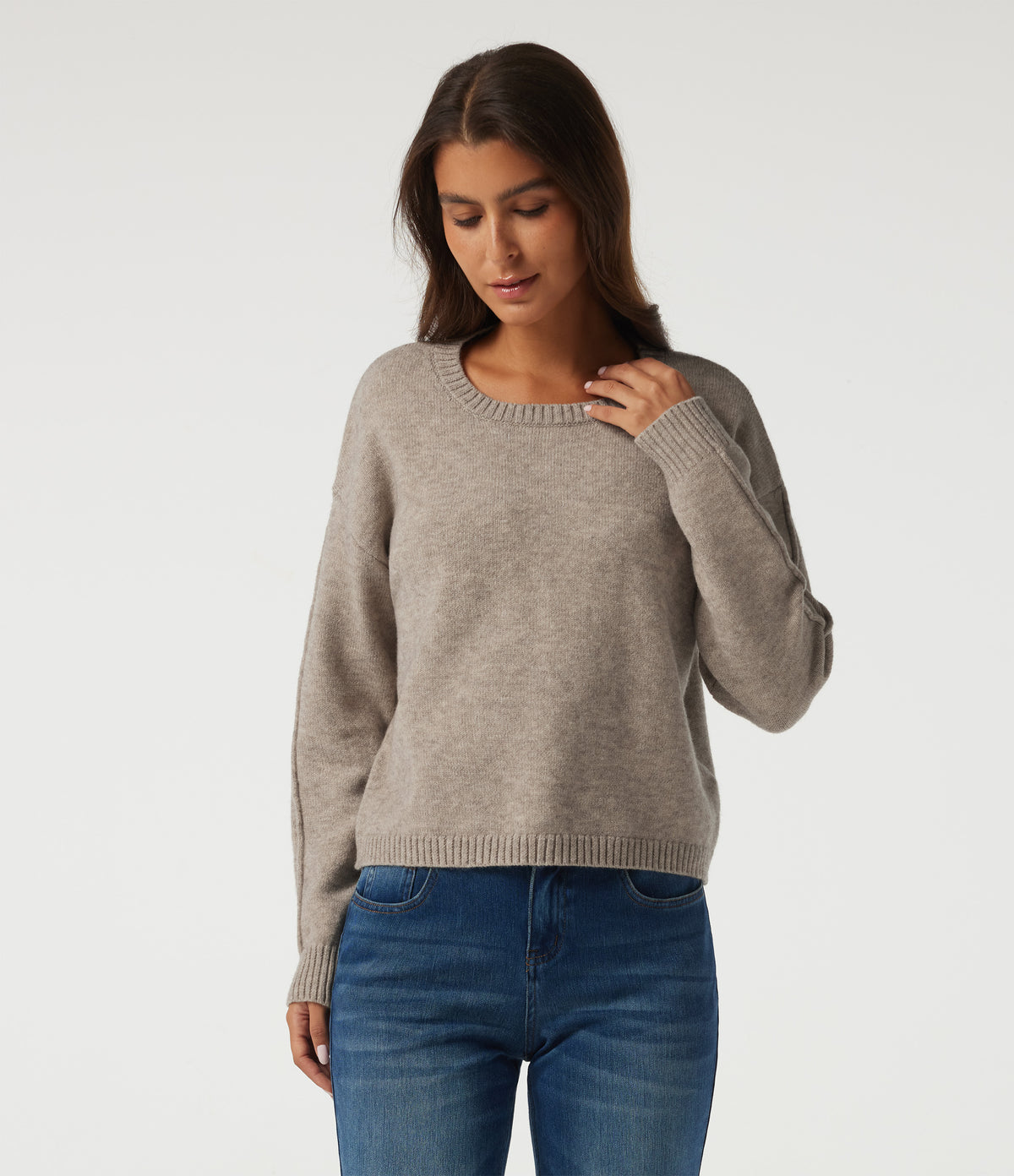 Round Neck Dropped Shoulder Long Sleeve Casual Jumper — Simply Taupe — view 4