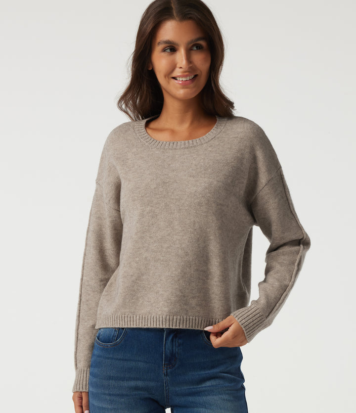 Round Neck Dropped Shoulder Long Sleeve Casual Jumper — Simply Taupe — view 1