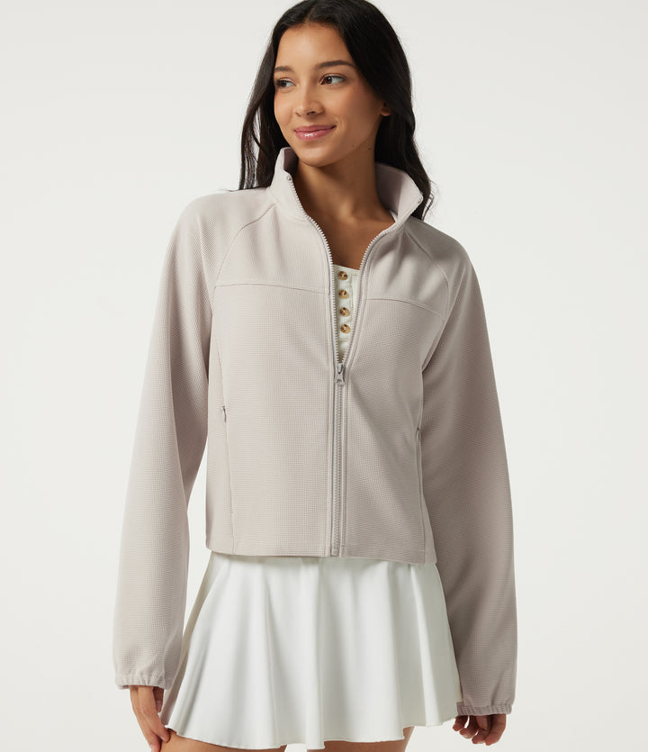 Stand Collar Raglan Long Sleeve Waffle Casual Windbreaker Jacket with Pockets — White Sand — view 1