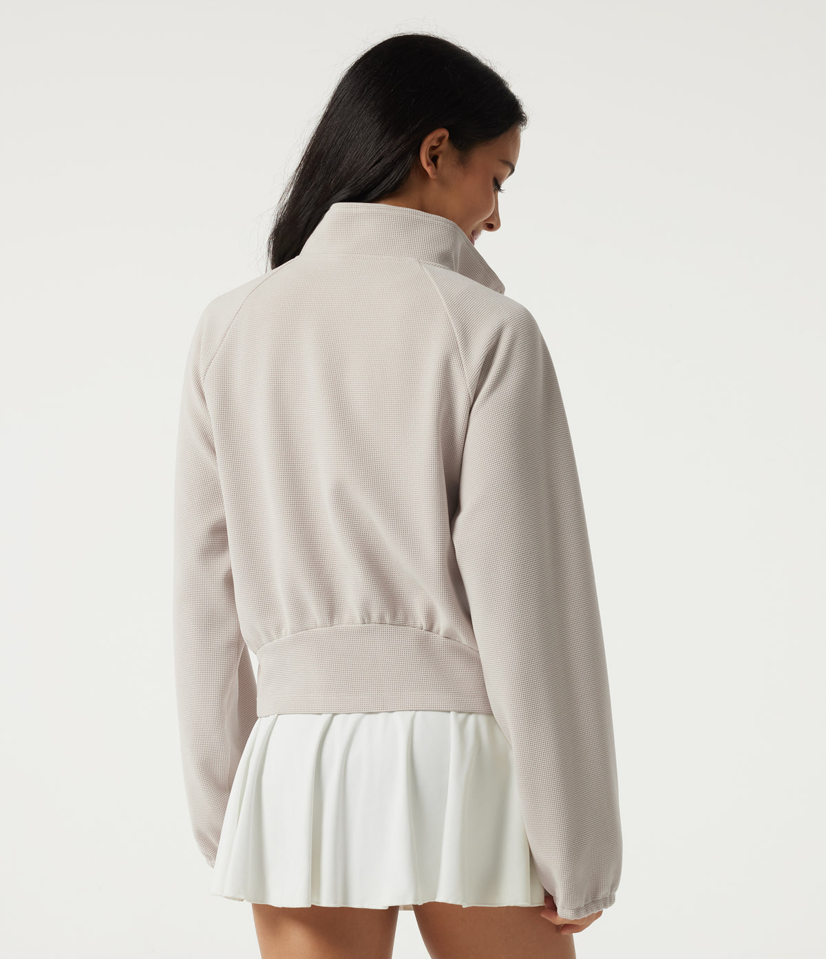 Stand Collar Raglan Long Sleeve Waffle Casual Windbreaker Jacket with Pockets — White Sand — view 2
