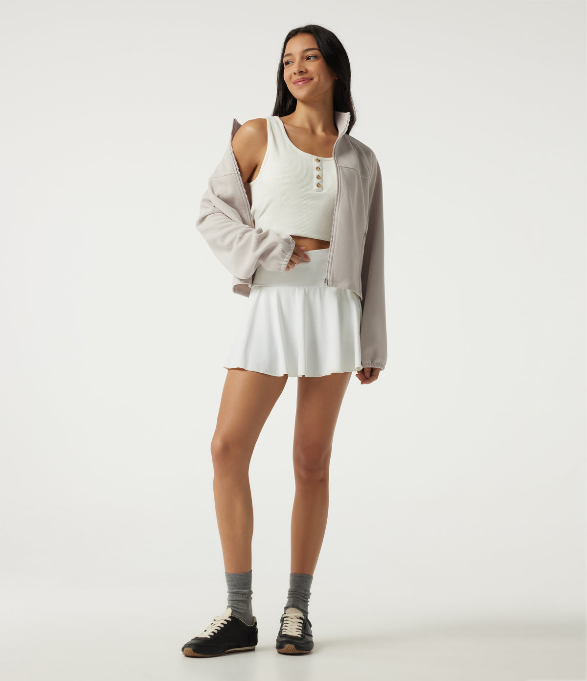 Stand Collar Raglan Long Sleeve Waffle Casual Windbreaker Jacket with Pockets — White Sand — view 8