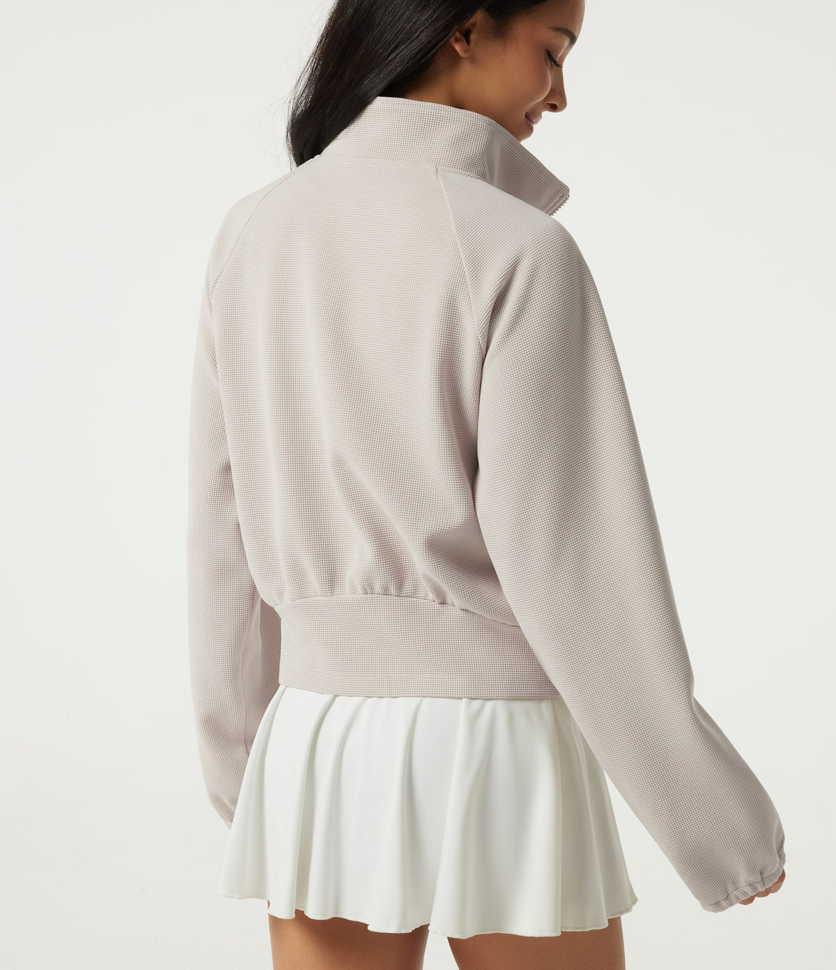 Stand Collar Raglan Long Sleeve Waffle Casual Windbreaker Jacket with Pockets — White Sand — view 6
