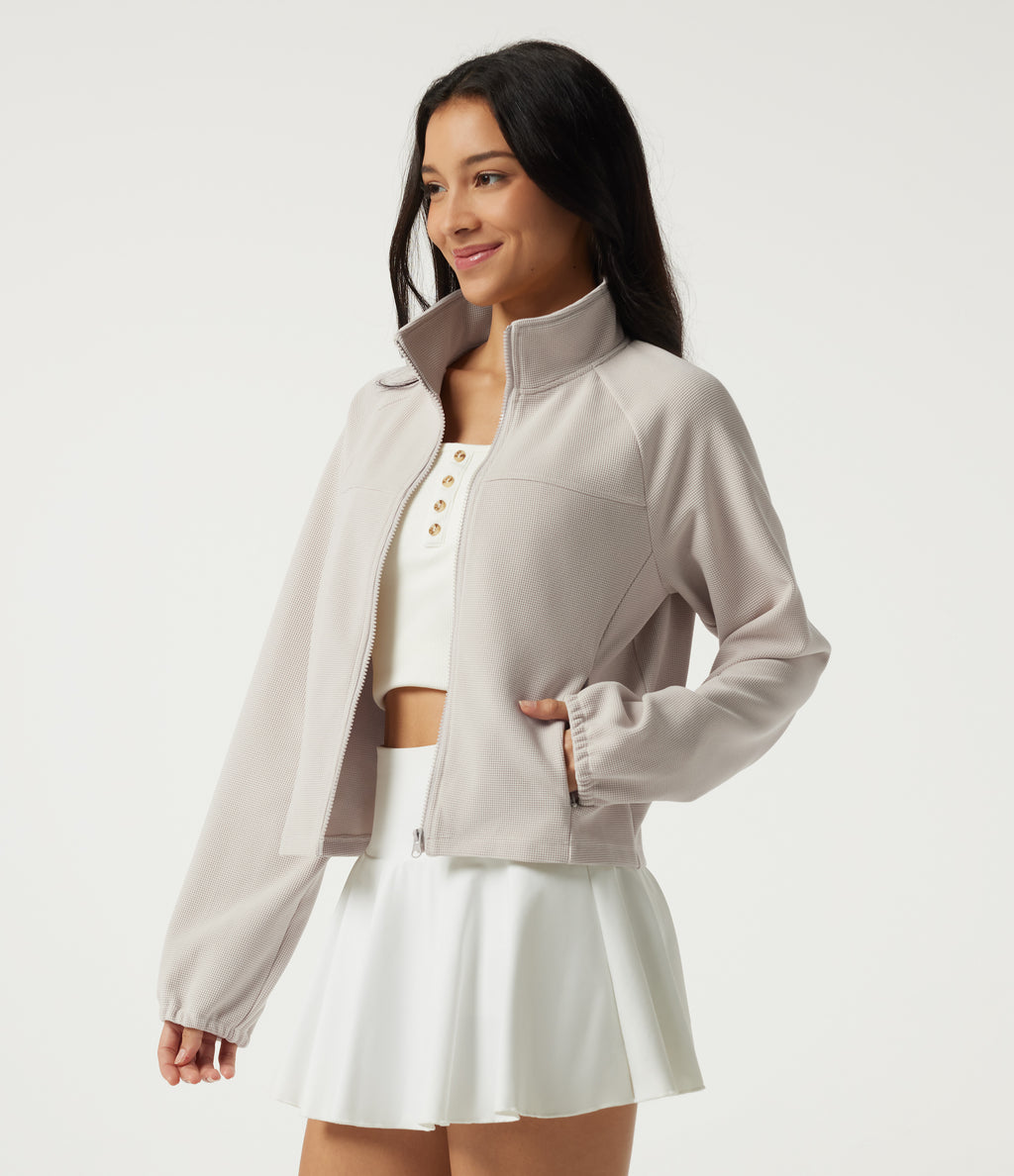 Stand Collar Raglan Long Sleeve Waffle Casual Windbreaker Jacket with Pockets — White Sand — view 3