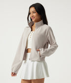 Stand Collar Raglan Long Sleeve Waffle Casual Windbreaker Jacket with Pockets — White Sand — view 3