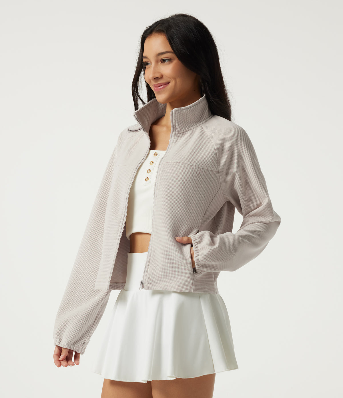 Stand Collar Raglan Long Sleeve Waffle Casual Windbreaker Jacket with Pockets — White Sand — view 3