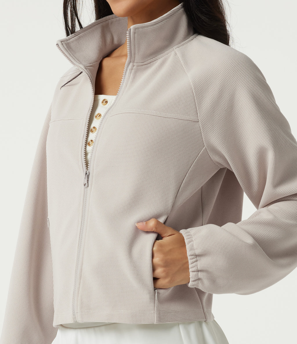 Stand Collar Raglan Long Sleeve Waffle Casual Windbreaker Jacket with Pockets — White Sand — view 7