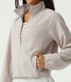 Stand Collar Raglan Long Sleeve Waffle Casual Windbreaker Jacket with Pockets — White Sand — view 7