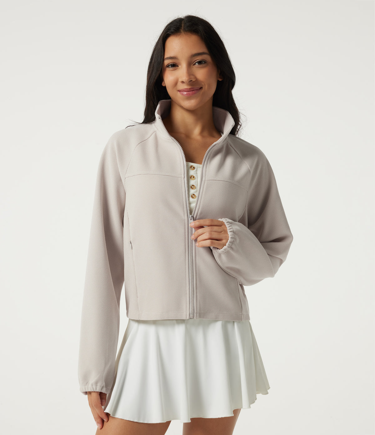 Stand Collar Raglan Long Sleeve Waffle Casual Windbreaker Jacket with Pockets — White Sand — view 4