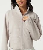 Stand Collar Raglan Long Sleeve Waffle Casual Windbreaker Jacket with Pockets — White Sand — view 5