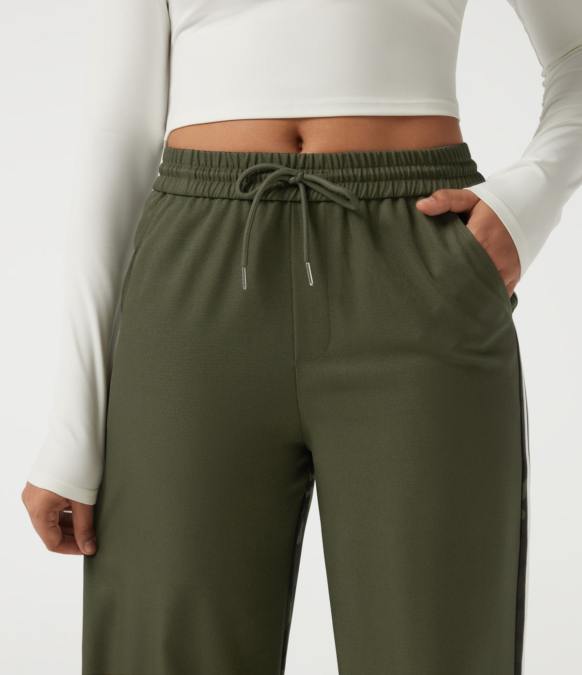 Mid Rise Drawstring Color Block Stripes Wide Leg Camo Casual Trousers with Pockets — Rain Forest Camo — view 6