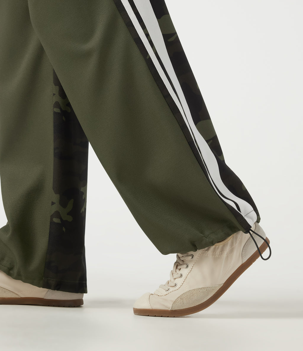 Mid Rise Drawstring Color Block Stripes Wide Leg Camo Casual Trousers with Pockets — Rain Forest Camo — view 7