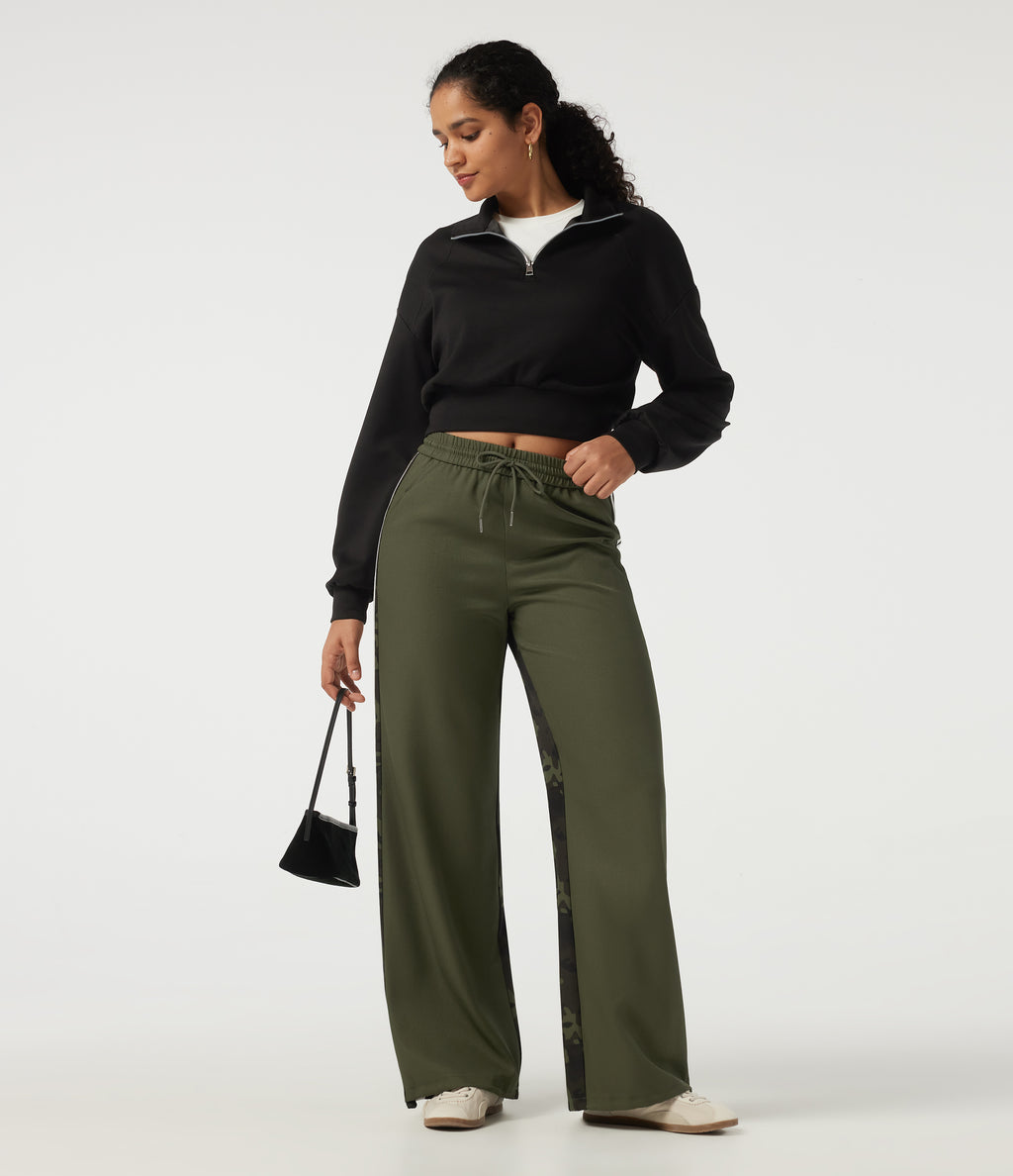 Mid Rise Drawstring Color Block Stripes Wide Leg Camo Casual Trousers with Pockets — Rain Forest Camo — view 8