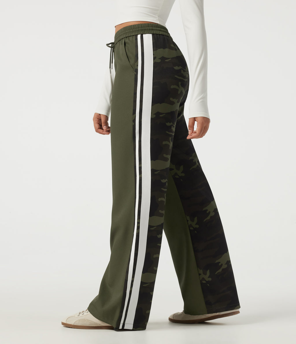 Mid Rise Drawstring Color Block Stripes Wide Leg Camo Casual Trousers with Pockets — Rain Forest Camo — view 1
