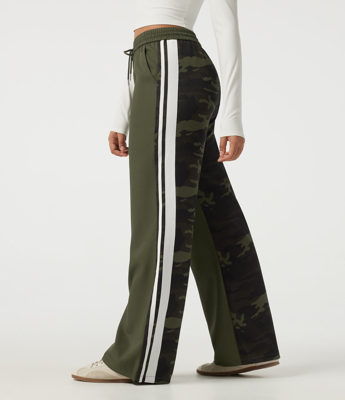 Mid Rise Drawstring Color Block Stripes Wide Leg Camo Casual Trousers with Pockets — Rain Forest Camo — view 1