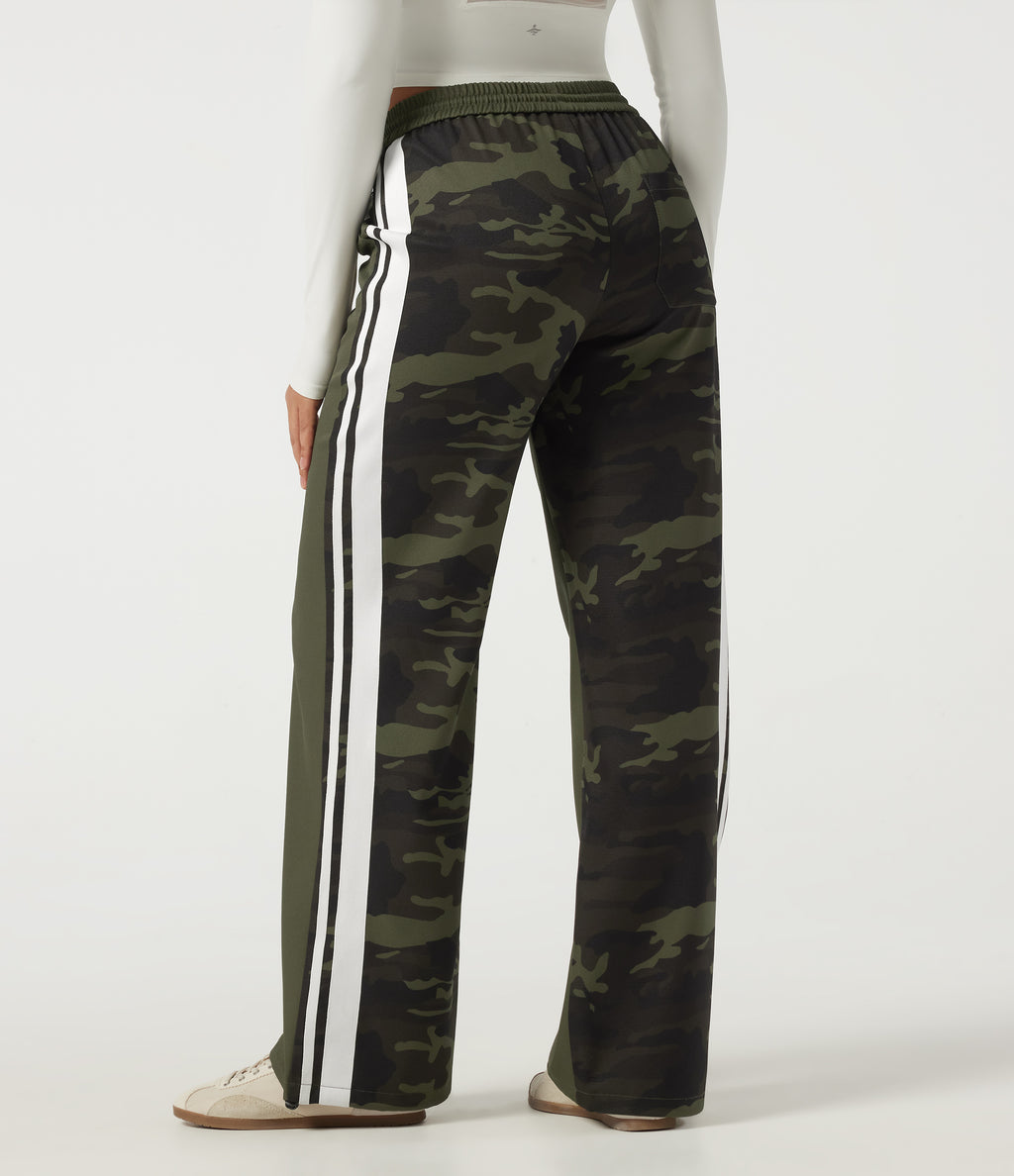 Mid Rise Drawstring Color Block Stripes Wide Leg Camo Casual Trousers with Pockets — Rain Forest Camo — view 2