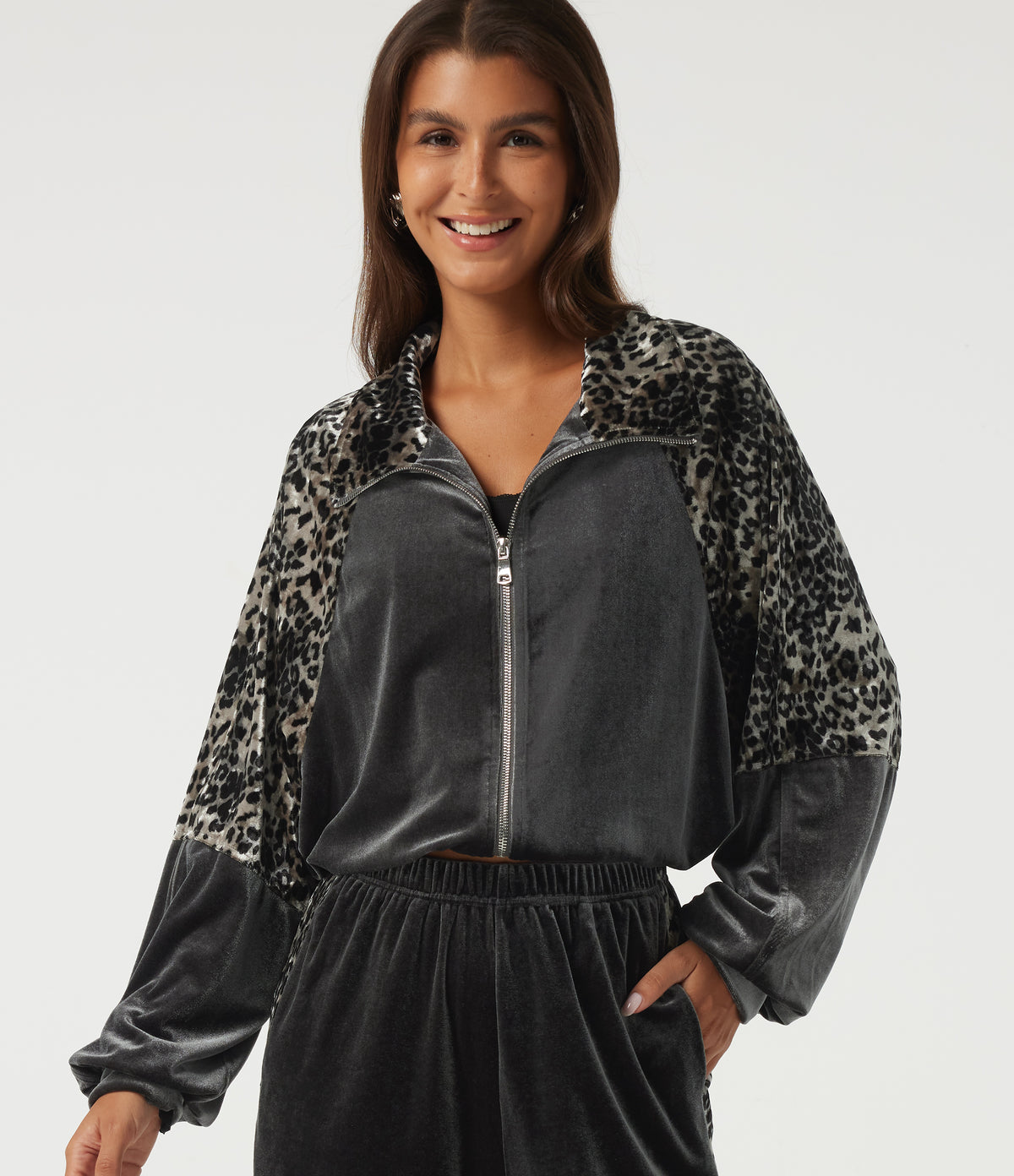 Lapel Raglan Long Sleeve Leopard Print Casual Jacket with Pockets — Bitumen — view 1