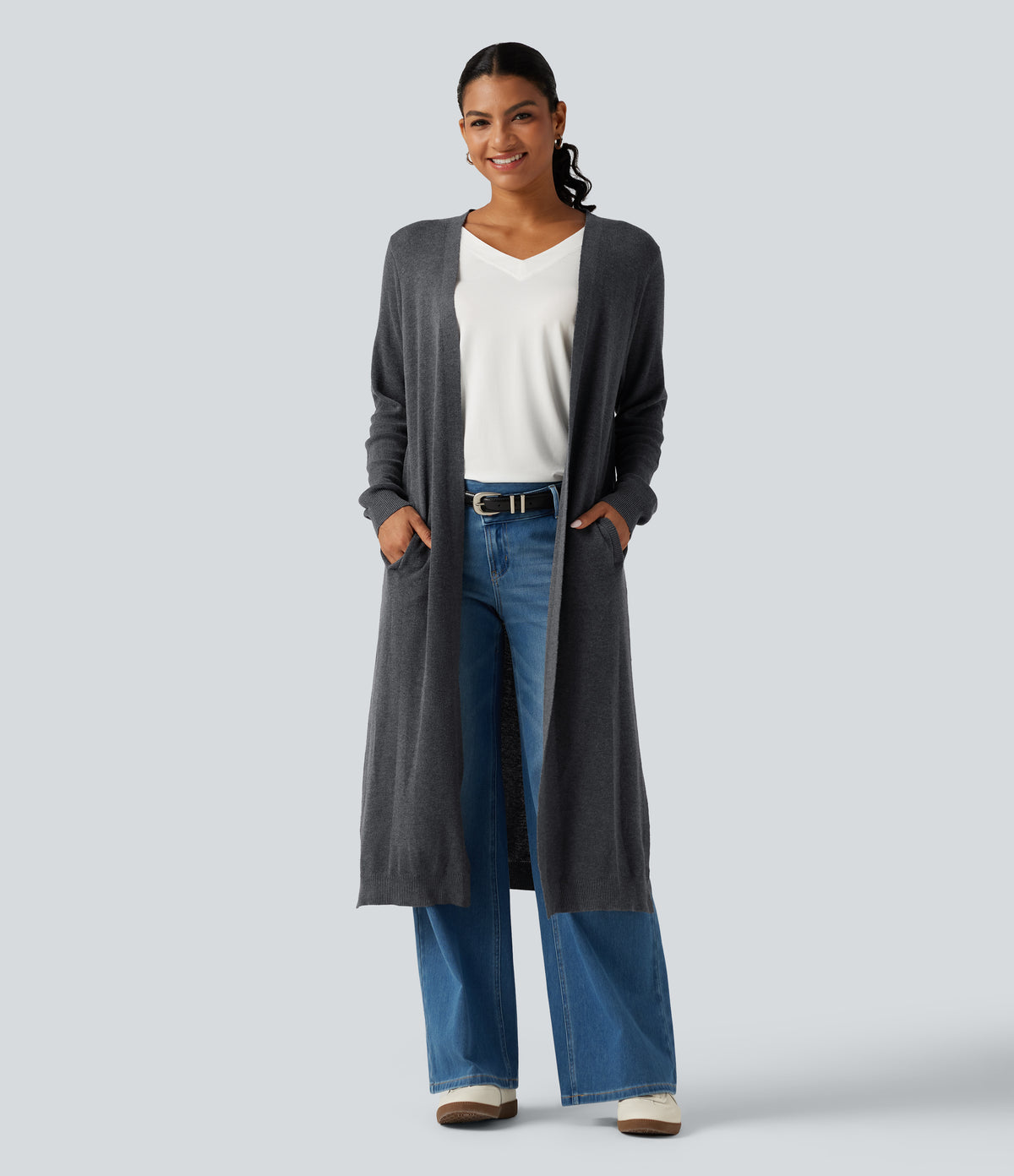 Long Sleeve Longline Work Cardigan with Pockets — Dark Grey — view 3
