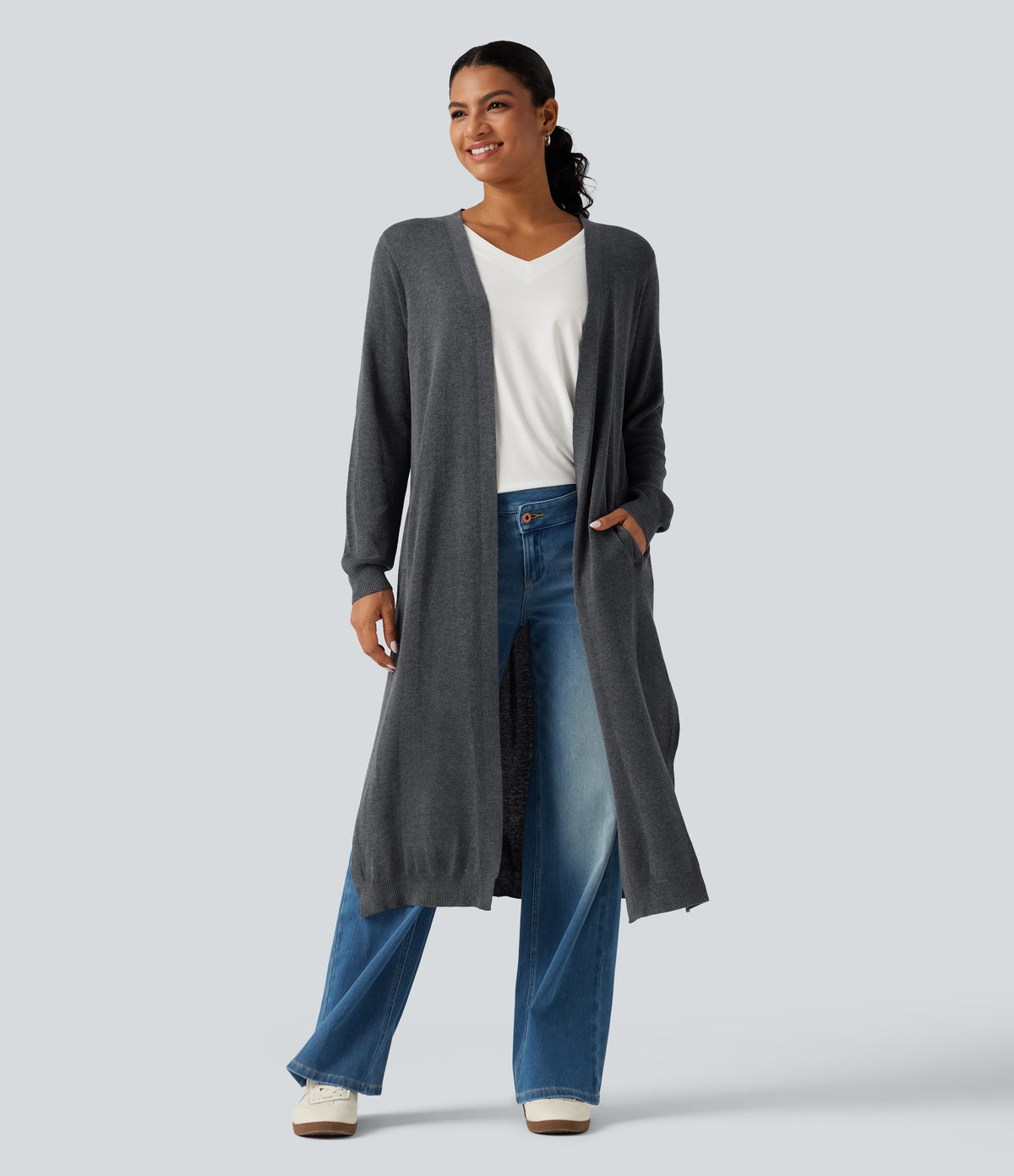 Long Sleeve Longline Work Cardigan with Pockets — Dark Grey — view 4