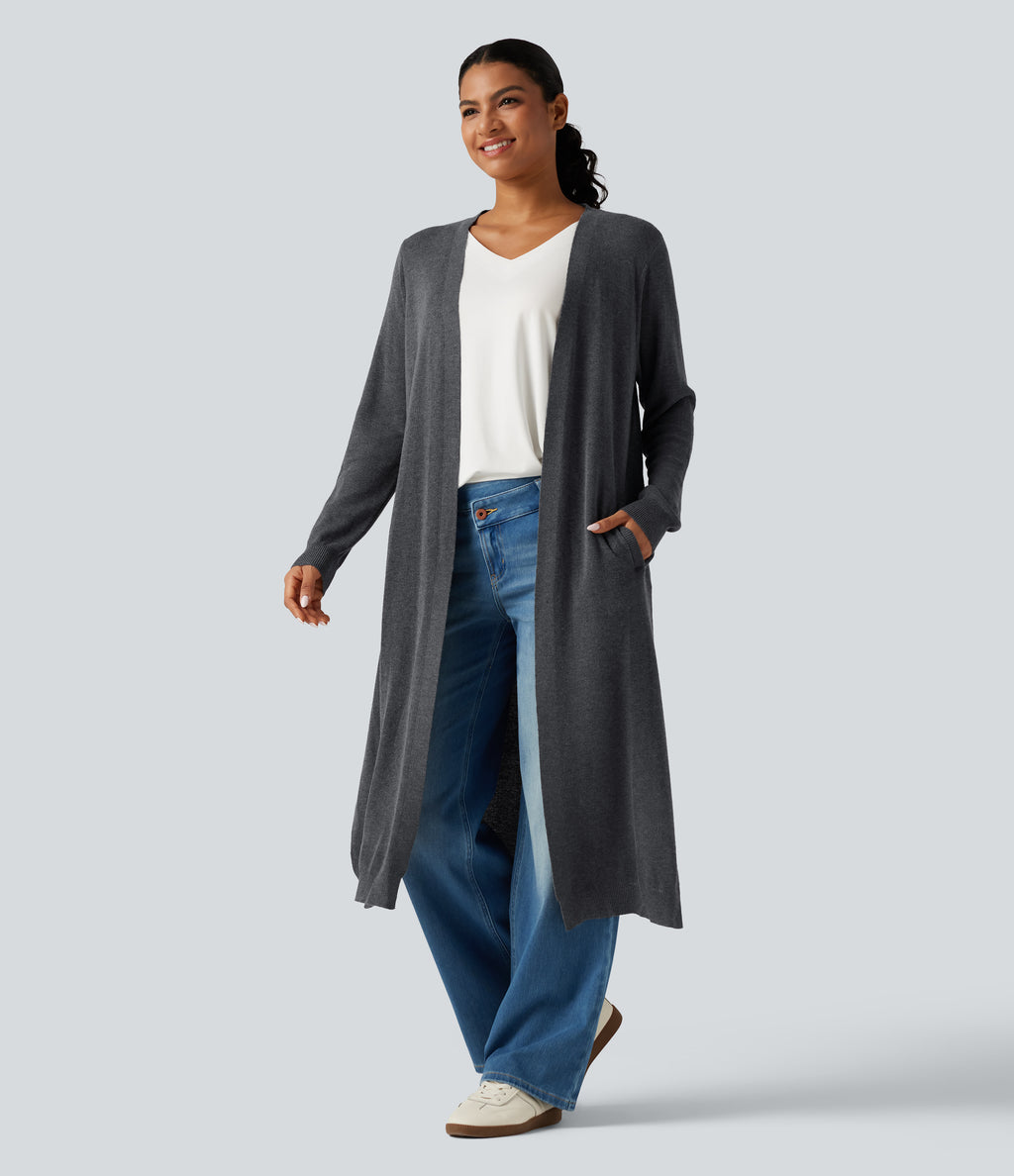 Long Sleeve Longline Work Cardigan with Pockets — Dark Grey — view 1