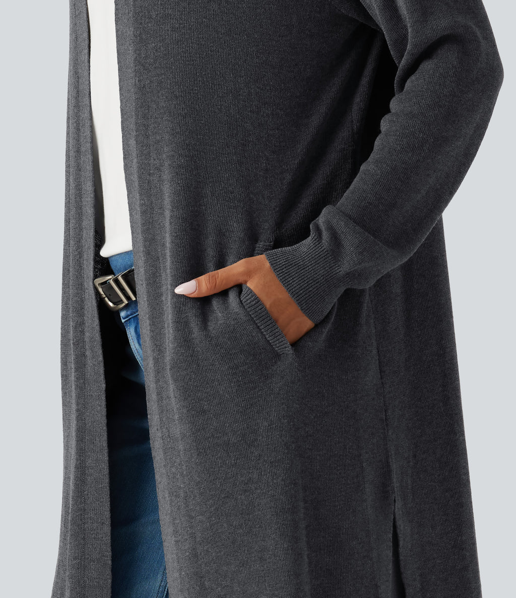 Long Sleeve Longline Work Cardigan with Pockets — Dark Grey — view 6