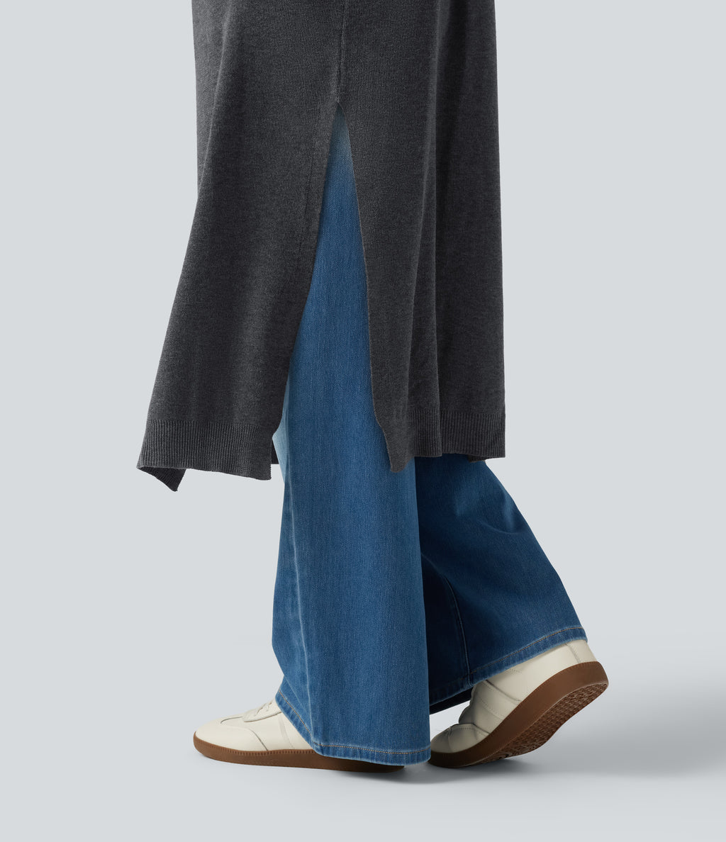 Long Sleeve Longline Work Cardigan with Pockets — Dark Grey — view 5