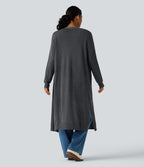 Long Sleeve Longline Work Cardigan with Pockets — Dark Grey — view 2