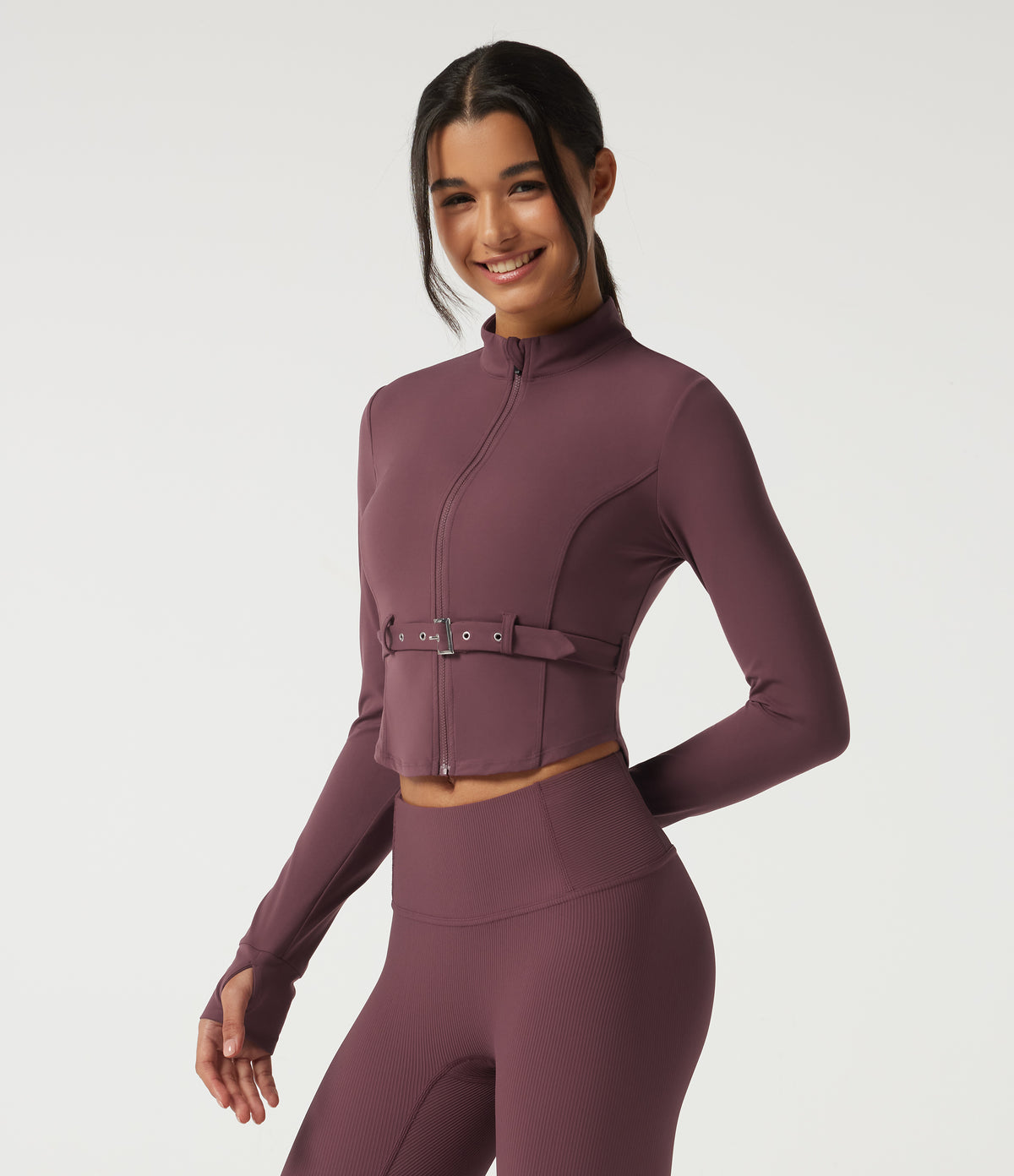 Stand Collar Long Sleeve Buckle Belted Yoga Curvy Jacket — Evening Red — view 3