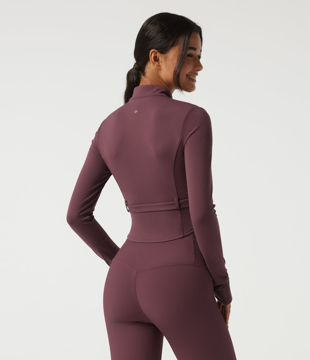 Stand Collar Long Sleeve Buckle Belted Yoga Curvy Jacket — Evening Red — view 2