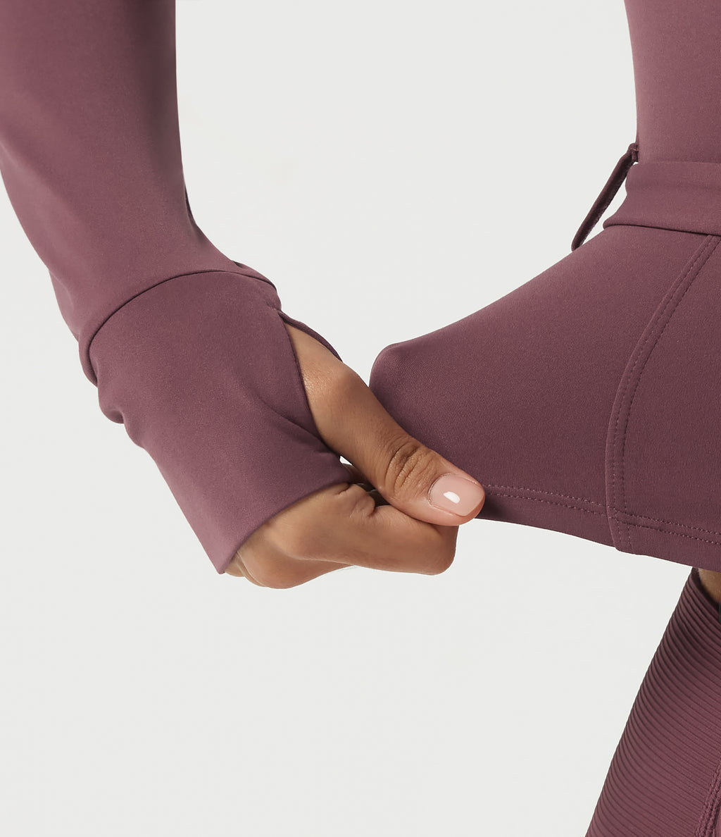 Stand Collar Long Sleeve Buckle Belted Yoga Curvy Jacket — Evening Red — view 7