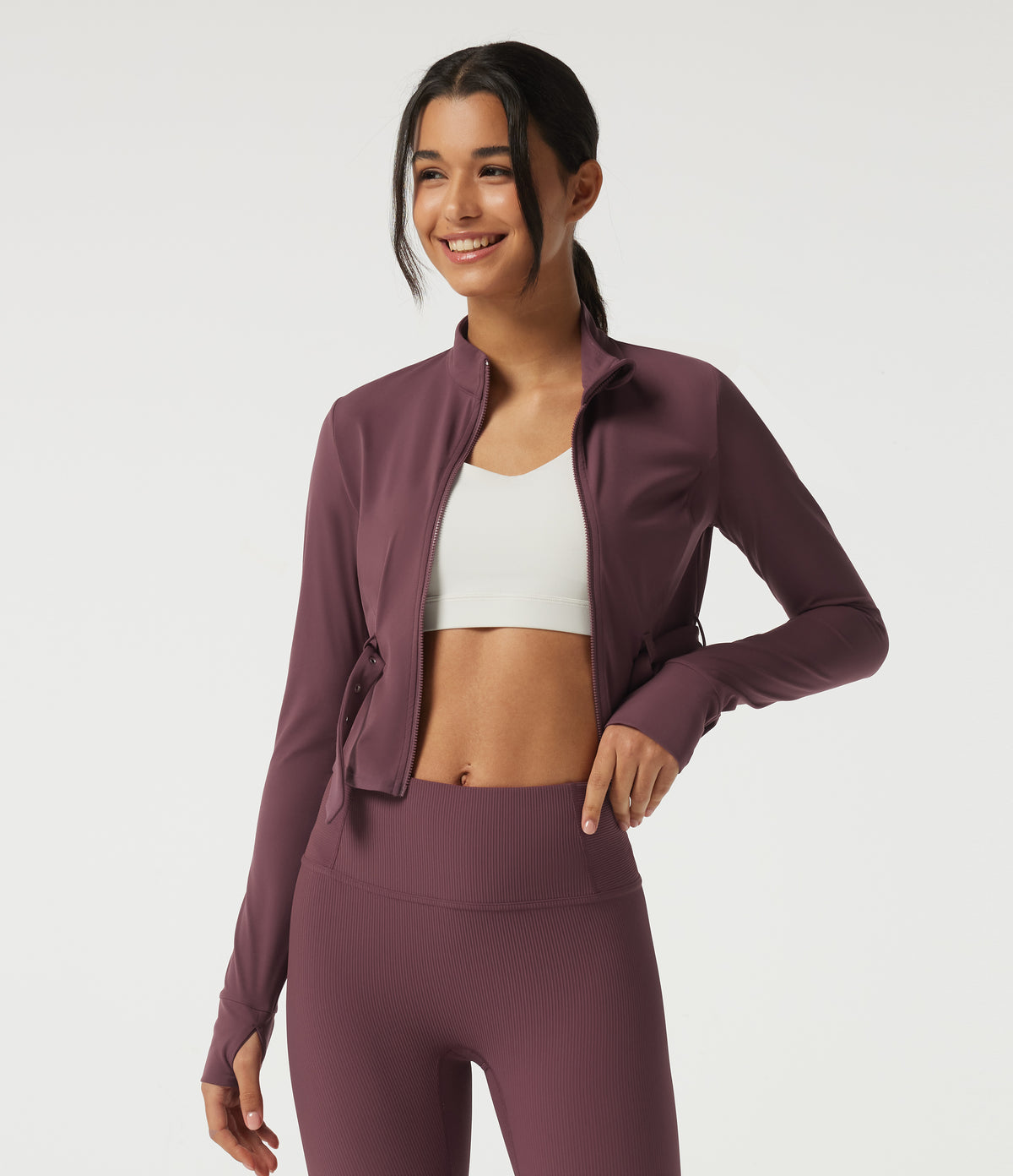 Stand Collar Long Sleeve Buckle Belted Yoga Curvy Jacket — Evening Red — view 4