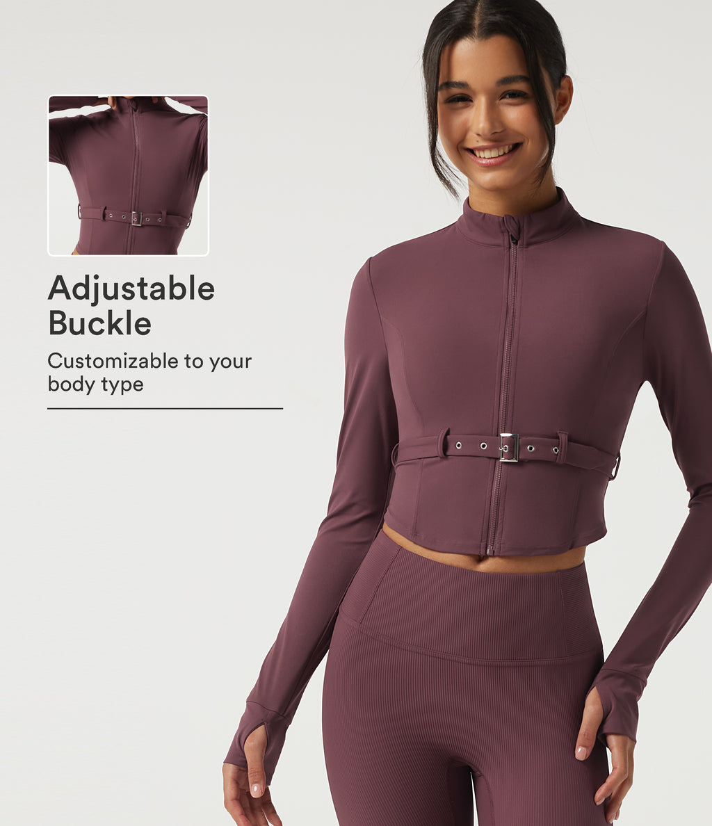 Stand Collar Long Sleeve Buckle Belted Yoga Curvy Jacket — Evening Red — view 1