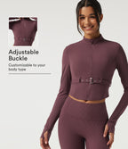 Stand Collar Long Sleeve Buckle Belted Yoga Curvy Jacket — Evening Red — view 1