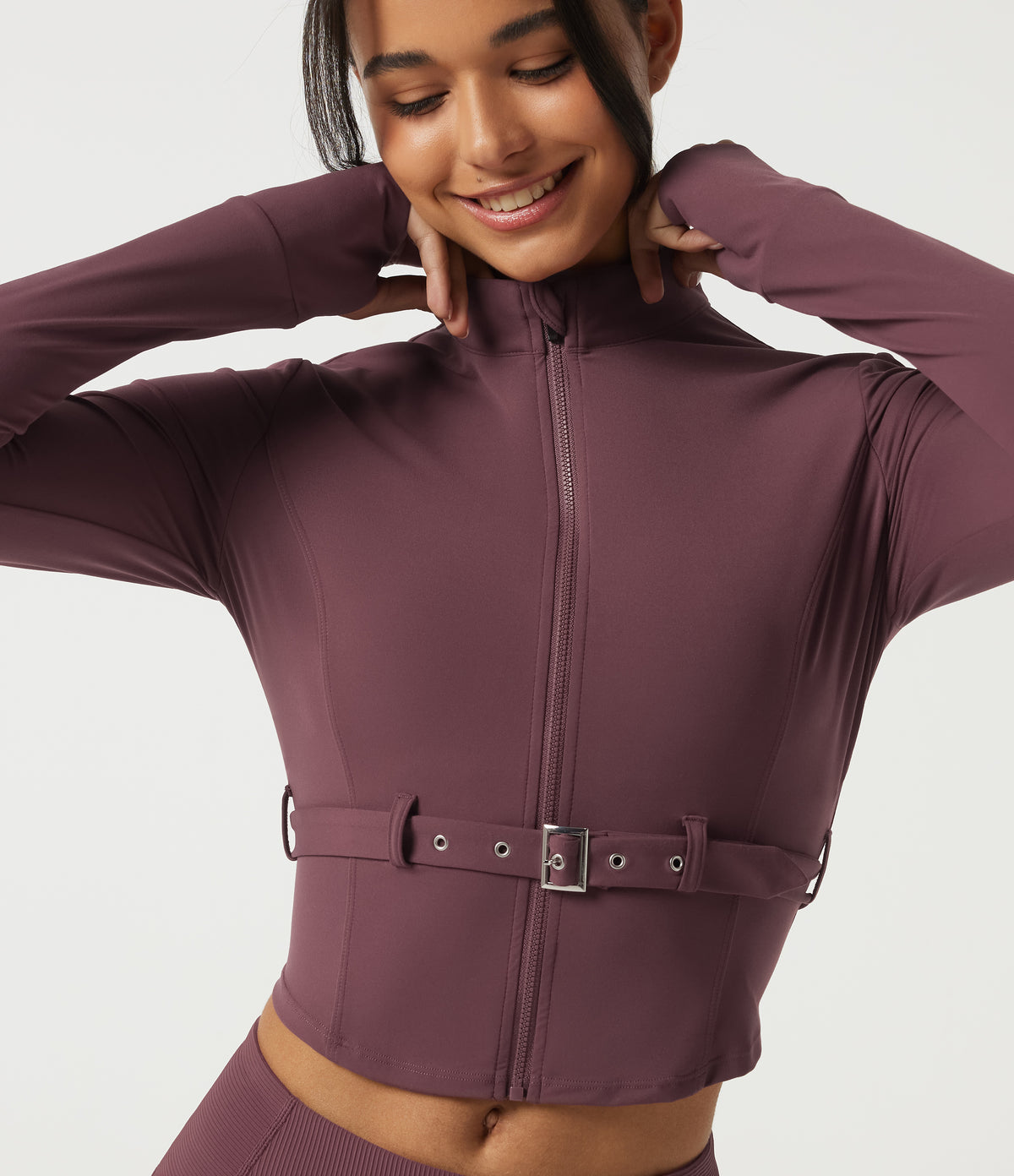 Stand Collar Long Sleeve Buckle Belted Yoga Curvy Jacket — Evening Red — view 5