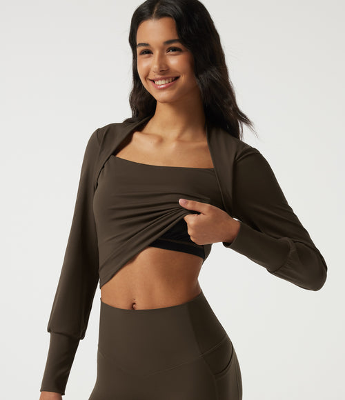 Airy Square Neck Long Sleeve Built-in Bra InstantCool Yoga Sports Top — Chocolate Martini — view 1