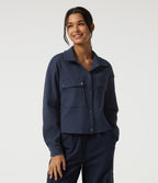 Lapel Dropped Long Sleeve Waffle Casual Jacket with Pockets — Midnight Blue — view 2