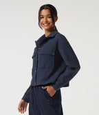 Lapel Dropped Long Sleeve Waffle Casual Jacket with Pockets — Midnight Blue — view 4
