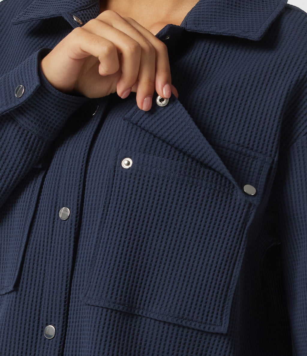 Lapel Dropped Long Sleeve Waffle Casual Jacket with Pockets — Midnight Blue — view 6