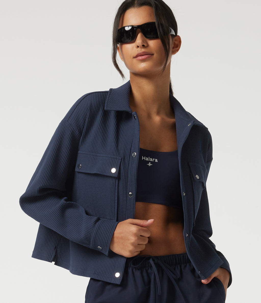 Lapel Dropped Long Sleeve Waffle Casual Jacket with Pockets — Midnight Blue — view 1