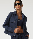Lapel Dropped Long Sleeve Waffle Casual Jacket with Pockets — Midnight Blue — view 1