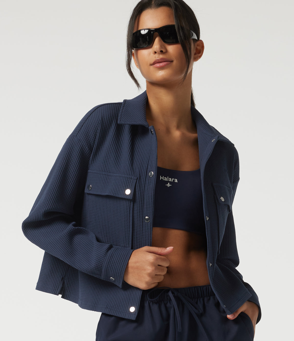 Lapel Dropped Long Sleeve Waffle Casual Jacket with Pockets — Midnight Blue — view 1