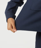 Lapel Dropped Long Sleeve Waffle Casual Jacket with Pockets — Midnight Blue — view 8